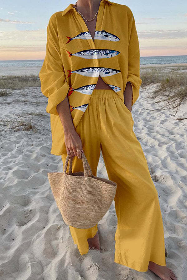 Conjunto de Lino estampado sardinas amarillas