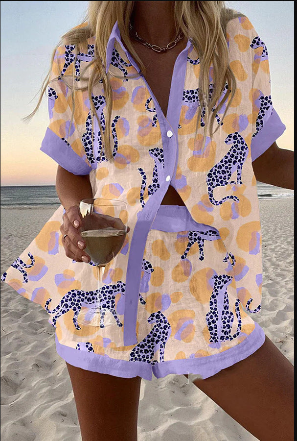 Conjunto Corto de Lino Estampado Leopardo