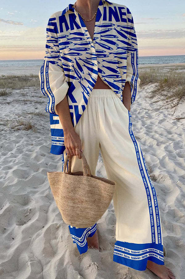 Conjunto de Lino estampado sardinas azules