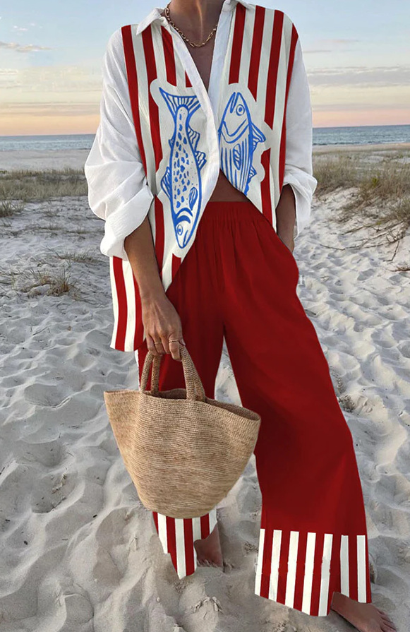Conjunto de Lino estampado peces rojos y azules