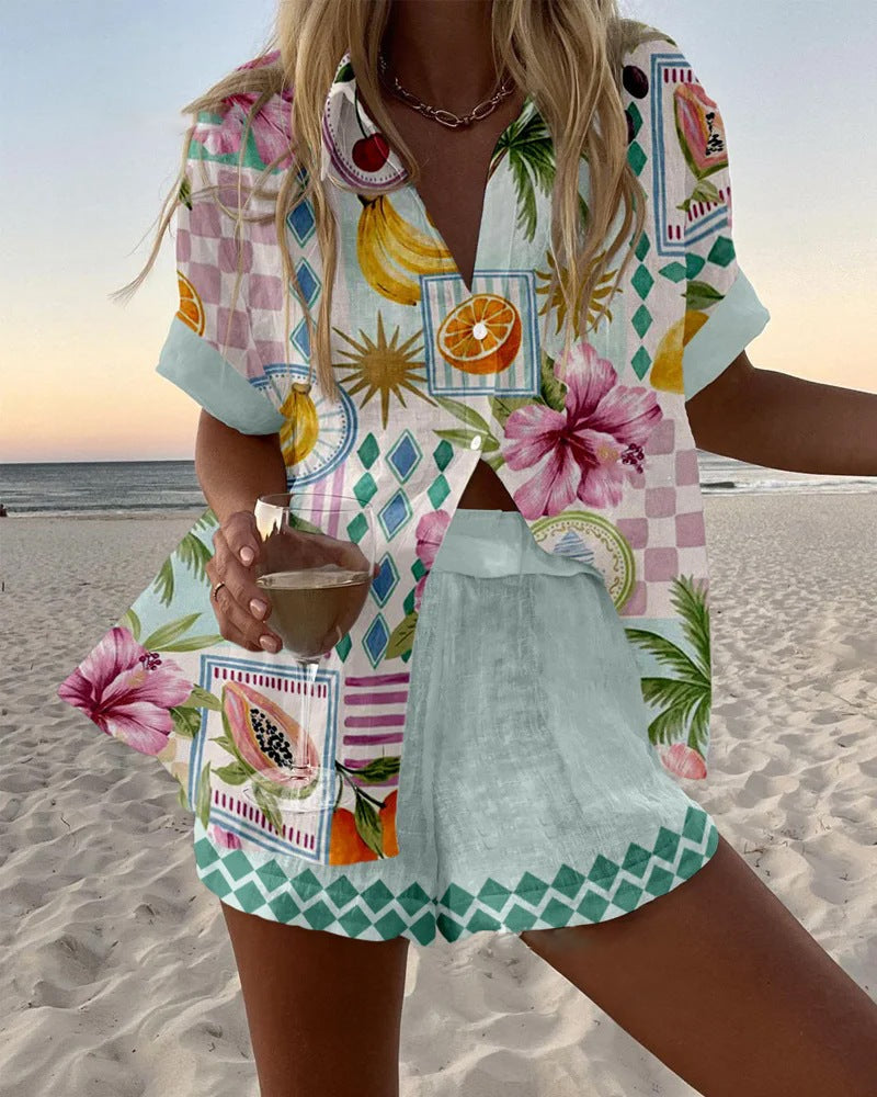 Conjunto Corto de Lino Estampado Frutas