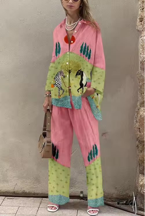 Conjunto Largo de Lino Estampado Sol