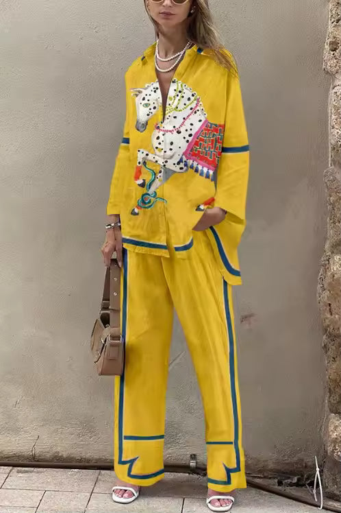 Conjunto Largo de Lino Estampado Amarillo