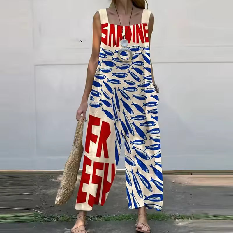 Mono de Lino Estampado Rojo y Azul