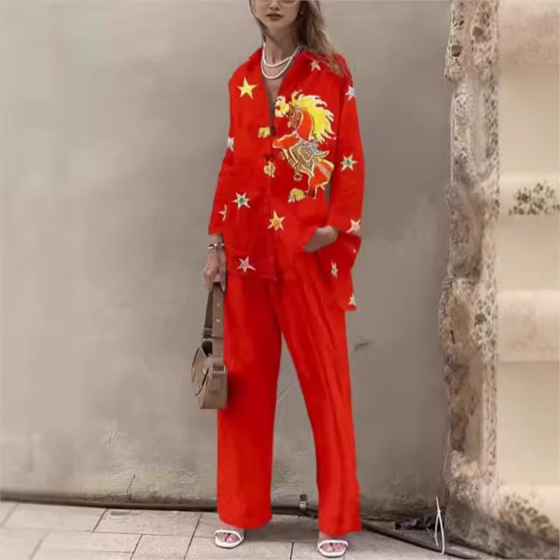 Conjunto Largo de Lino Estampado Rojo