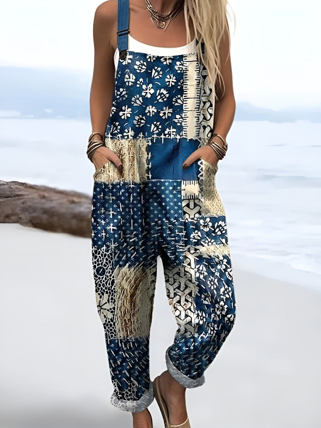 Mono Lino Estampado Azúl y Dorado