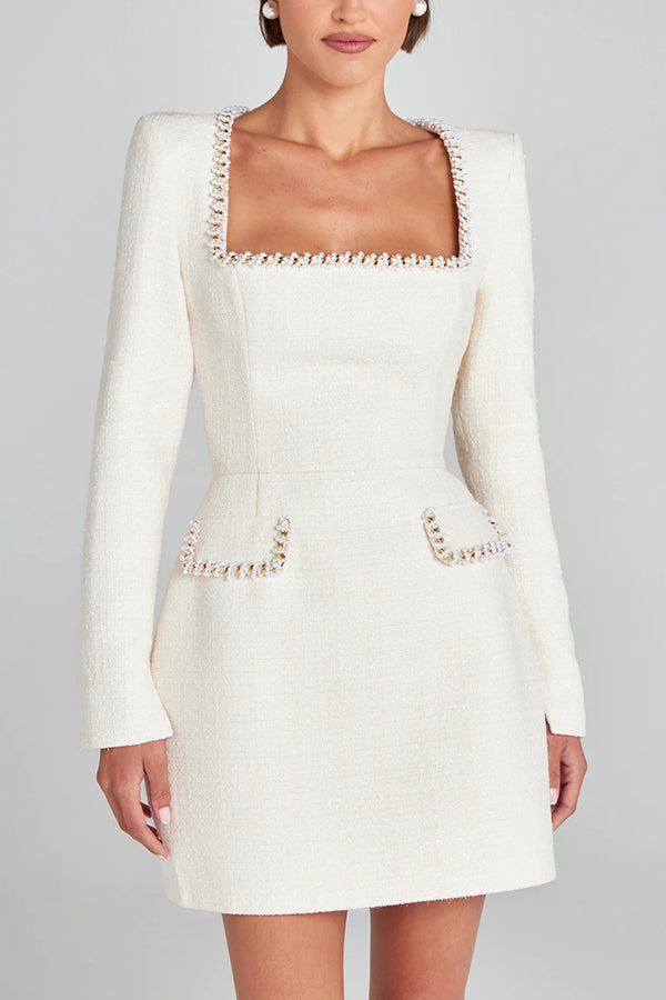 Glamorous Tweed Fabric Pearl Trim Long Sleeve Mini Dress