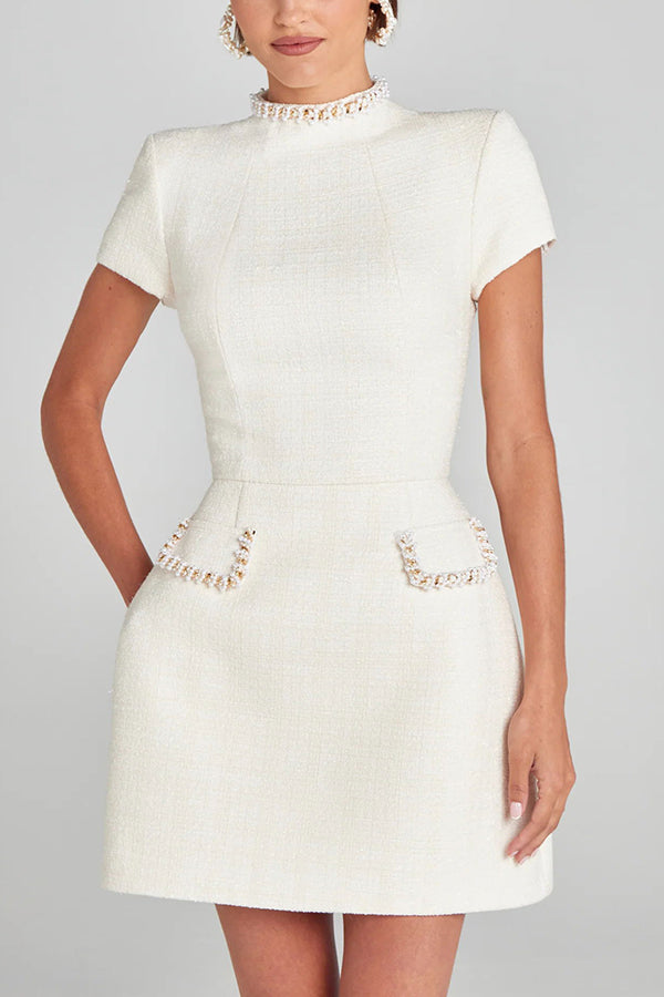 Exquisite and Playful Tweed Fabric Pearl Trim Mini Dress