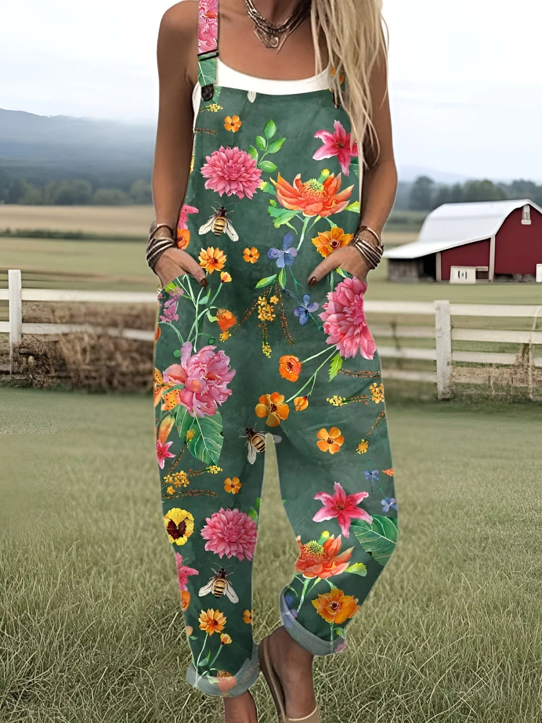 Mono Lino Estampado Verde con Flores
